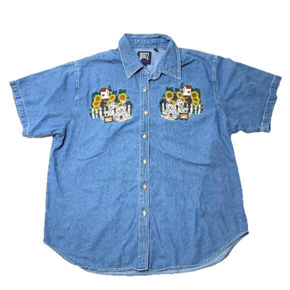 Quizz Shirt 20 Blue Denim Short Sleeve Embroidered Casual Bears Daisy Teachers - Picture 1 of 8